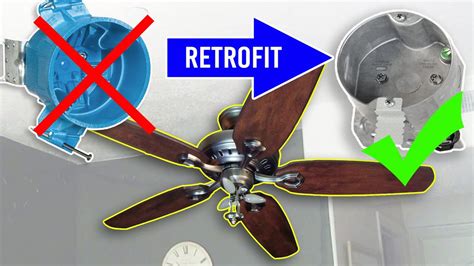 install ceiling fan junction box with no attic access|ceiling fan retrofit junction box.